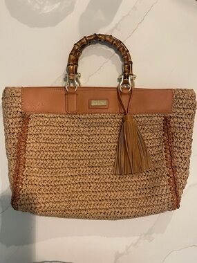 Lilly Pulitzer Woven Straw Tote in Tan with Bamboo Handles
